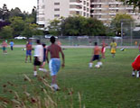 A soccer game in one of the fields at East Green Lake Beach.